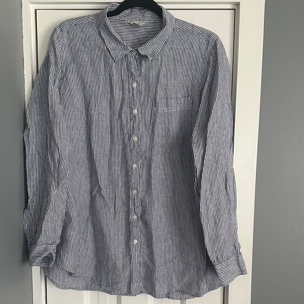 L.L. Bean 100% Linen Striped Button Down Shirt Navy White Plus Size 1X